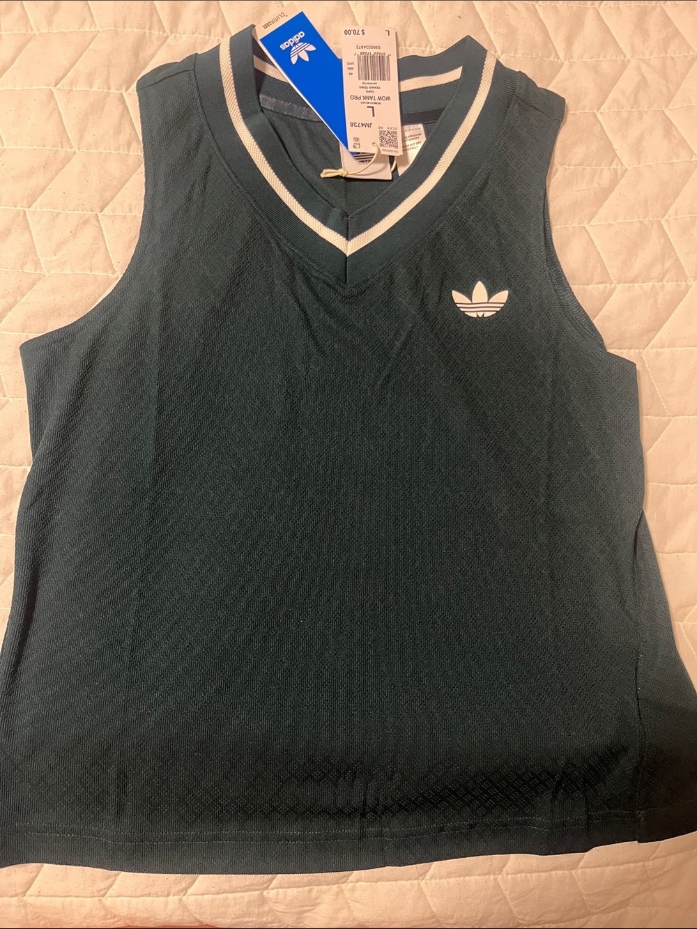 adidas Dark Teal V-Neck Mesh Tank with White Trim